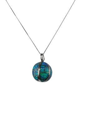 Sterling Silver Necklace 18" Box Chain Inlaid Blue Opal Globe Shaped Pendant